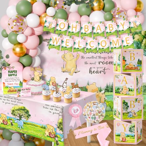Vistico 154 PCS Pink Winnie Baby Shower Decorations Kit Vintage Winnie Party Supplies Decorations Allin1Balloon Garland Arch Backdrop Tablecloth Cake Topper Banner Box Decorations for Girl Baby Shower - Image 1