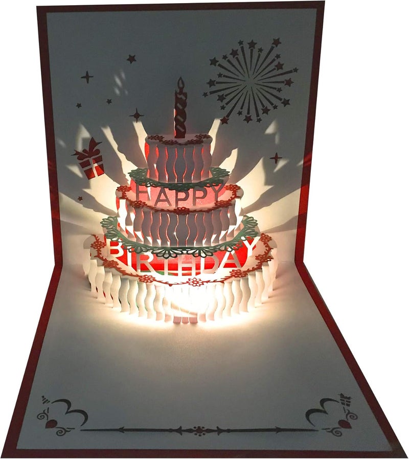 بطاقات عيد ميلاد ثلاثية الأبعاد منبثقة، بطاقة عيد ميلاد موسيقية دافئة بإضاءة LED على شكل كعكة، بطاقة عيد ميلاد سعيد، بطاقات تهنئة منبثقة، بطاقات عيد ميلاد سعيد، مثالية للأم والزوجة والأخت والصديق والصديقة والأصدقاء، عبوة واحدة - Image 1