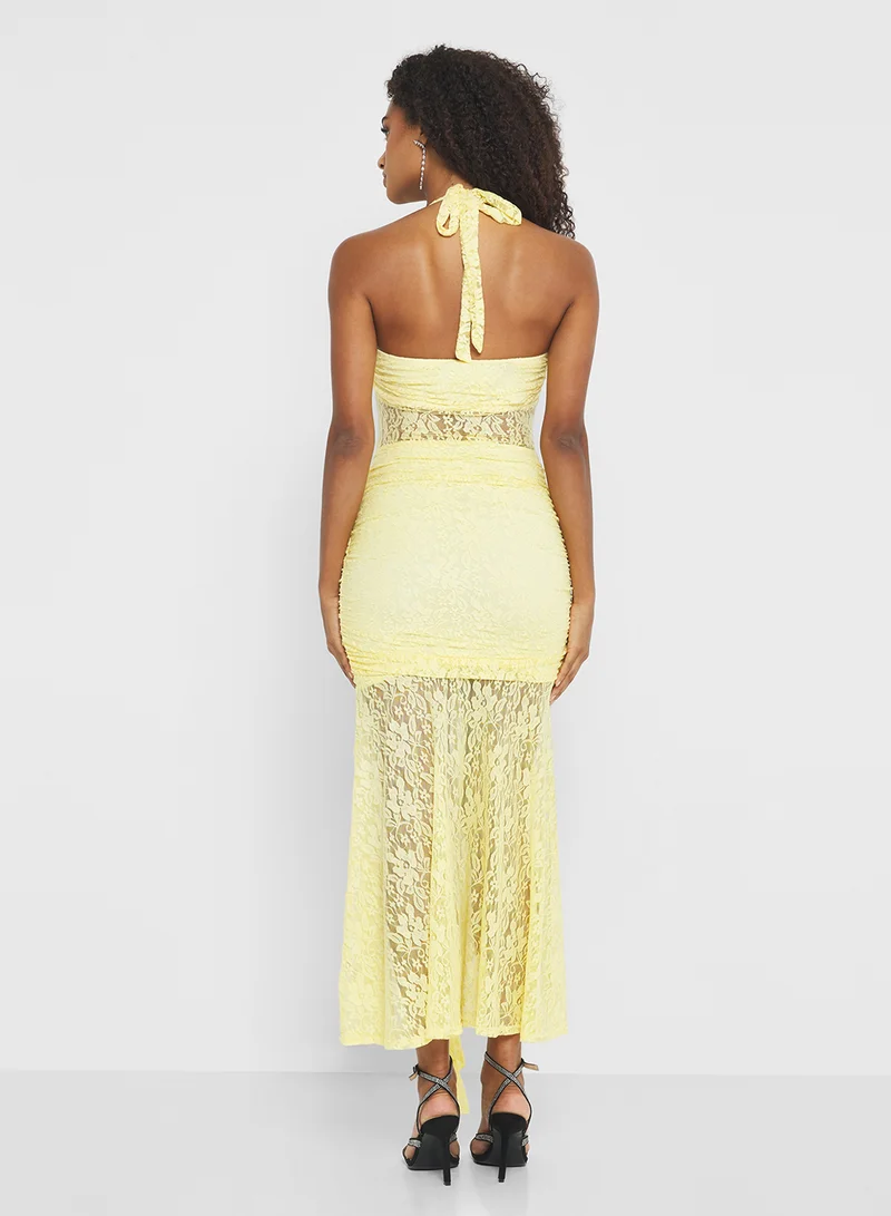 جينجر Halter Neck Lace Detail Ruched Dress with Slit
