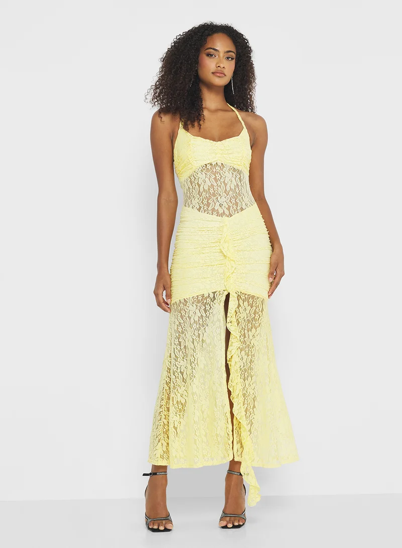 جينجر Halter Neck Lace Detail Ruched Dress with Slit