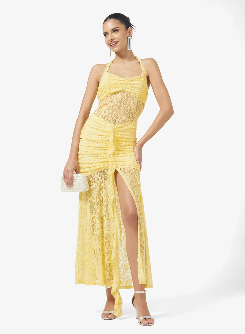 Ginger Halter Neck Lace Detail Ruched Dress with Slit