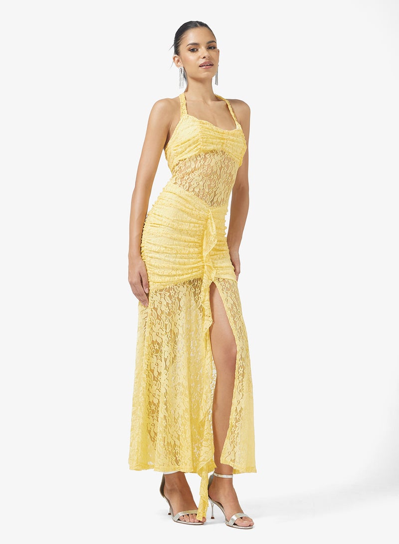 Ginger Halter Neck Lace Detail Ruched Dress with Slit - Image 4