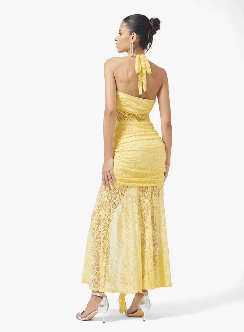 Ginger Halter Neck Lace Detail Ruched Dress with Slit