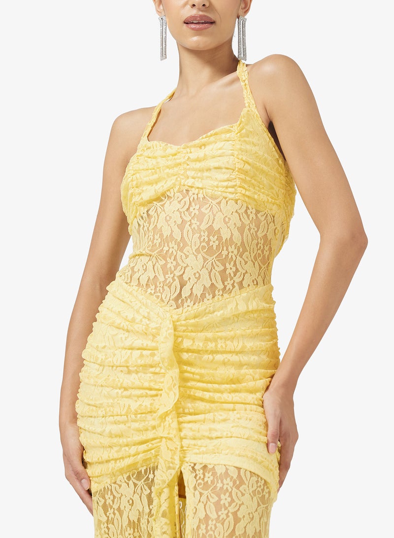 Ginger Halter Neck Lace Detail Ruched Dress with Slit - Image 3