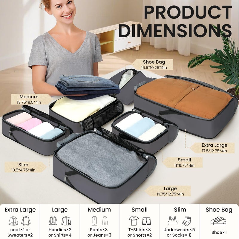 BAGAIL 4 Set/6 Set/8 Set Compression Packing Cubes Travel Accessories Expandable Packing Organizers (Half Mesh, 6-Dark Grey) - Image 2