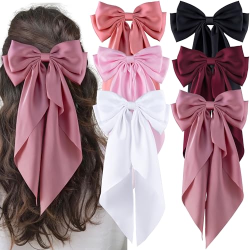 hisial 6Pcs Large Bows Hair Clips for Women Girls Long Tail Hair Ribbon Silky Satin Barrettes Coquette Bows Accessories BlackPinkRedWhite - Image 1