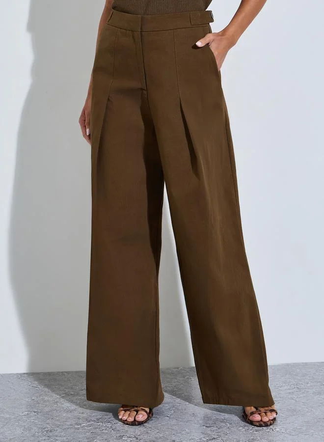 Styli Brown Solid Wide-Leg Trousers with Adjustable Waist