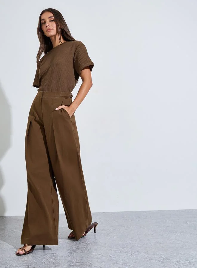Styli Brown Solid Wide-Leg Trousers with Adjustable Waist
