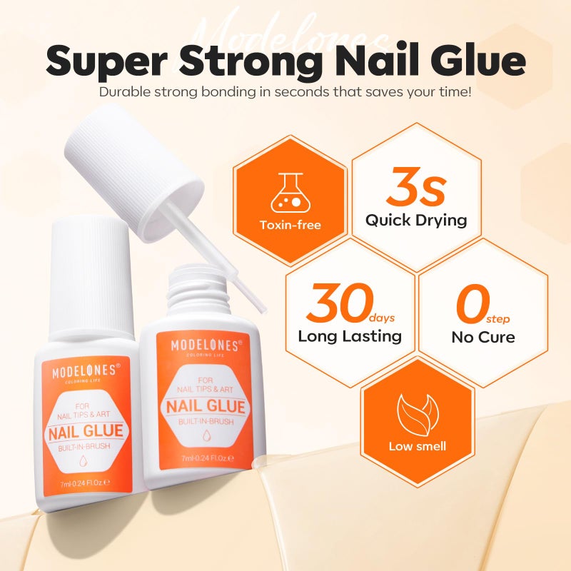 Modelones Nail Glue for Press Ons Nails Strong 2pcs 14ml Nails Tips Brush On Long Lasting Adhesive NO Cure - Image 2