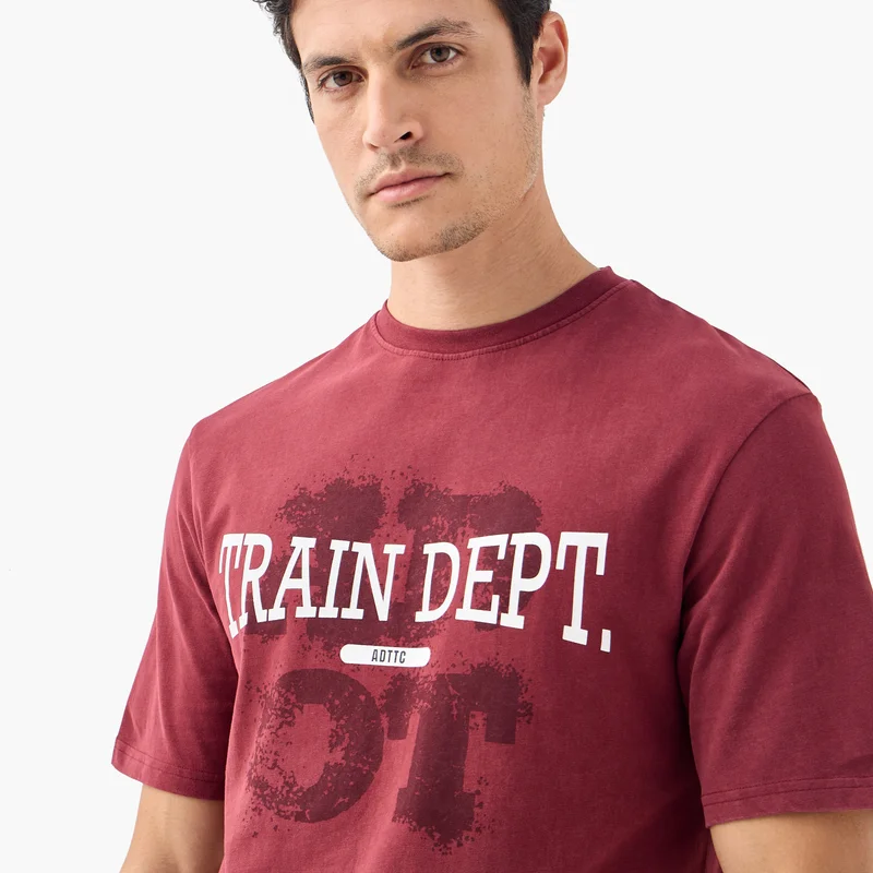 Active Typographic Print Crew Neck T-shirt with Short Sleeves