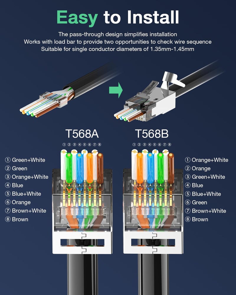 VCELINK CAT6A Connector, RJ45 Connectors Pass Through CAT6A CAT7 Shielded, UL-Listed 3-Prong Gold Plated, CAT7 Connector with Strain Relief Boots (RJ45 Connector-Black, Black, 10-Pack) - Image 4