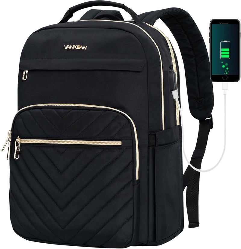 VANKEAN 17.3 Inch Laptop Backpack for Women Men Work Laptop Bag Fashion with USB Port, Waterproof Backpacks Nurse Stylish Travel Bags Casual Daypacks for College, Business, Black - Image 1