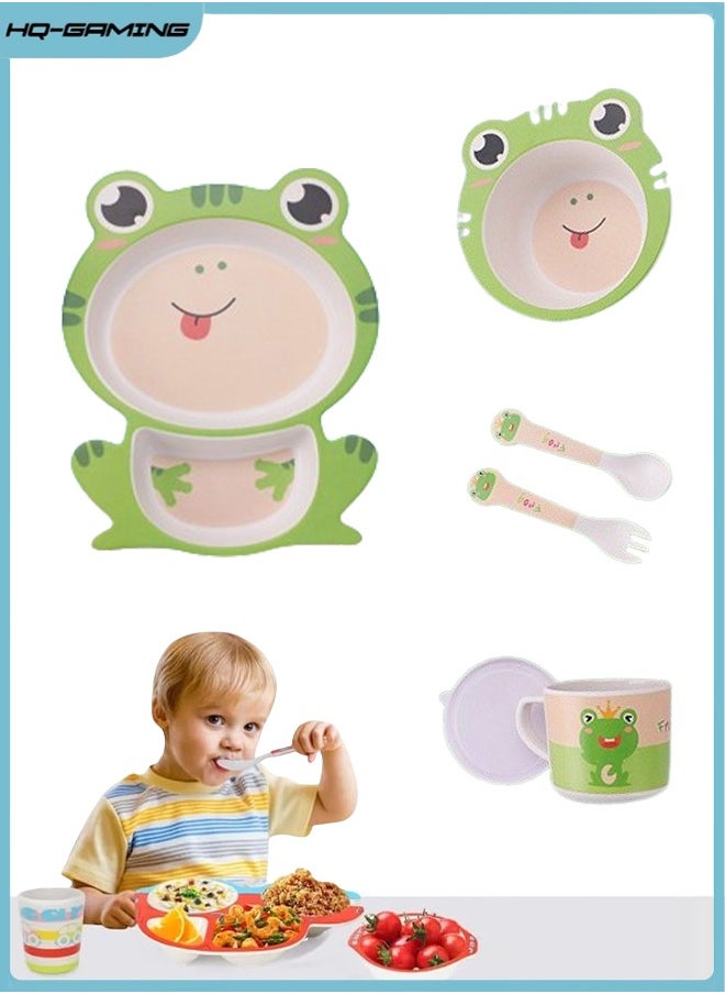 HQ-GAMING - 5Pcs/Set Kids Dinnerware Set - Children Dishes - Food Plate Bowl Cup Spoon Fork Set Natural Bamboo Fiber Dishware, BPA Free Dishwasher Safe (Green Frog) - Image 1