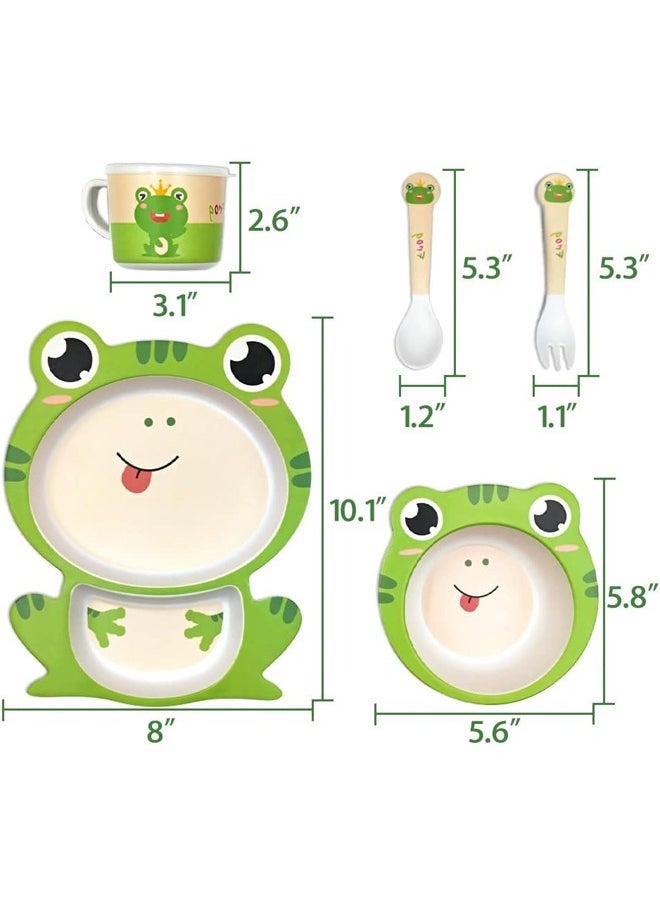 HQ-GAMING - 5Pcs/Set Kids Dinnerware Set - Children Dishes - Food Plate Bowl Cup Spoon Fork Set Natural Bamboo Fiber Dishware, BPA Free Dishwasher Safe (Green Frog) - Image 1
