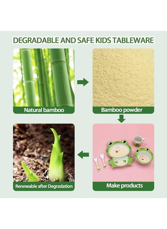 HQ-GAMING - 5Pcs/Set Kids Dinnerware Set - Children Dishes - Food Plate Bowl Cup Spoon Fork Set Natural Bamboo Fiber Dishware, BPA Free Dishwasher Safe (Green Frog) - Image 1
