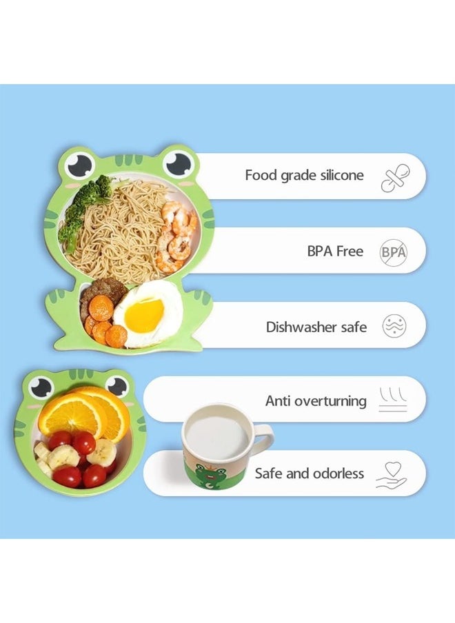HQ-GAMING - 5Pcs/Set Kids Dinnerware Set - Children Dishes - Food Plate Bowl Cup Spoon Fork Set Natural Bamboo Fiber Dishware, BPA Free Dishwasher Safe (Green Frog) - Image 1