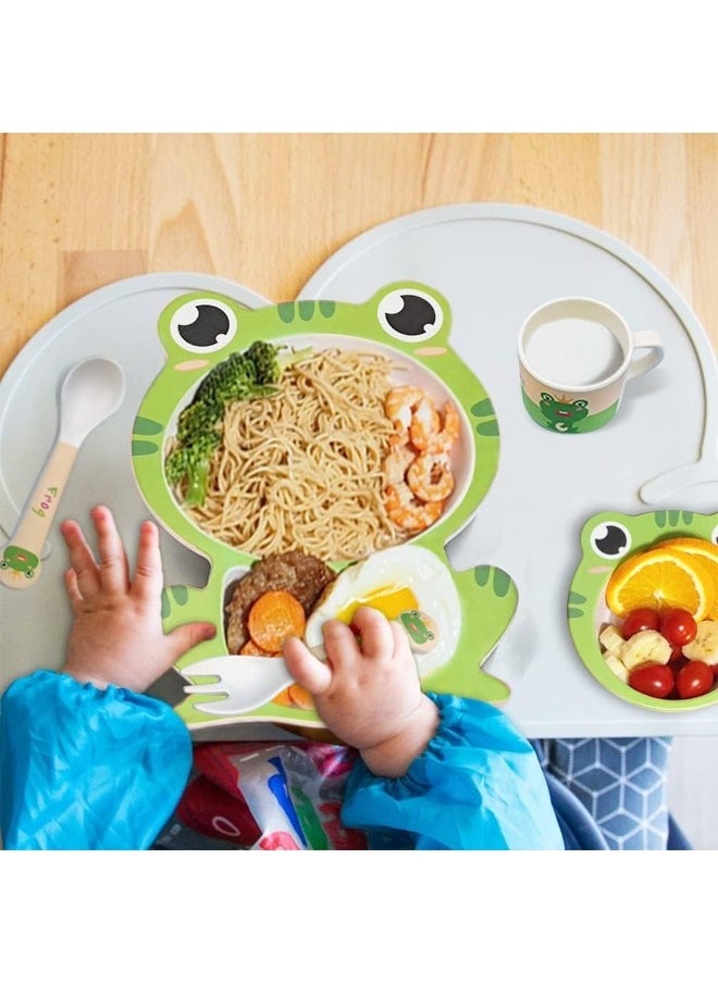 HQ-GAMING - 5Pcs/Set Kids Dinnerware Set - Children Dishes - Food Plate Bowl Cup Spoon Fork Set Natural Bamboo Fiber Dishware, BPA Free Dishwasher Safe (Green Frog) - Image 1