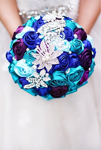 IFFO Bride Holding Flowers  Romantic Wedding Colorful Rose Bride 's Bouquet Purple Pink Bridal Bouquets (Teal Blue Purple) - Image 3