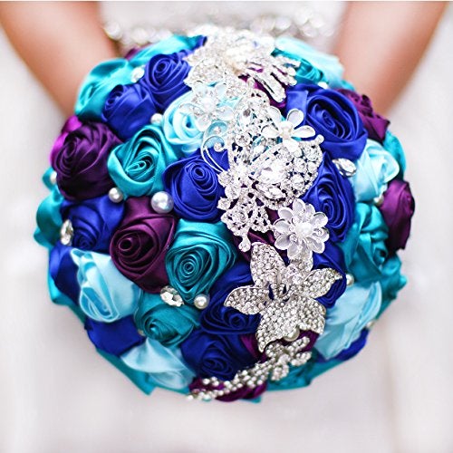 IFFO Bride Holding Flowers  Romantic Wedding Colorful Rose Bride 's Bouquet Purple Pink Bridal Bouquets (Teal Blue Purple) - Image 1