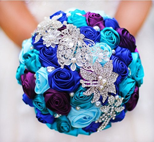 IFFO Bride Holding Flowers  Romantic Wedding Colorful Rose Bride 's Bouquet Purple Pink Bridal Bouquets (Teal Blue Purple) - Image 2