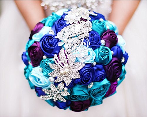 IFFO Bride Holding Flowers  Romantic Wedding Colorful Rose Bride 's Bouquet Purple Pink Bridal Bouquets (Teal Blue Purple) - Image 4