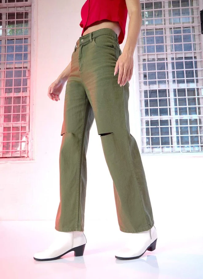 SASSAFRAS Olive Green Wide Leg High-Rise Jeans for Women