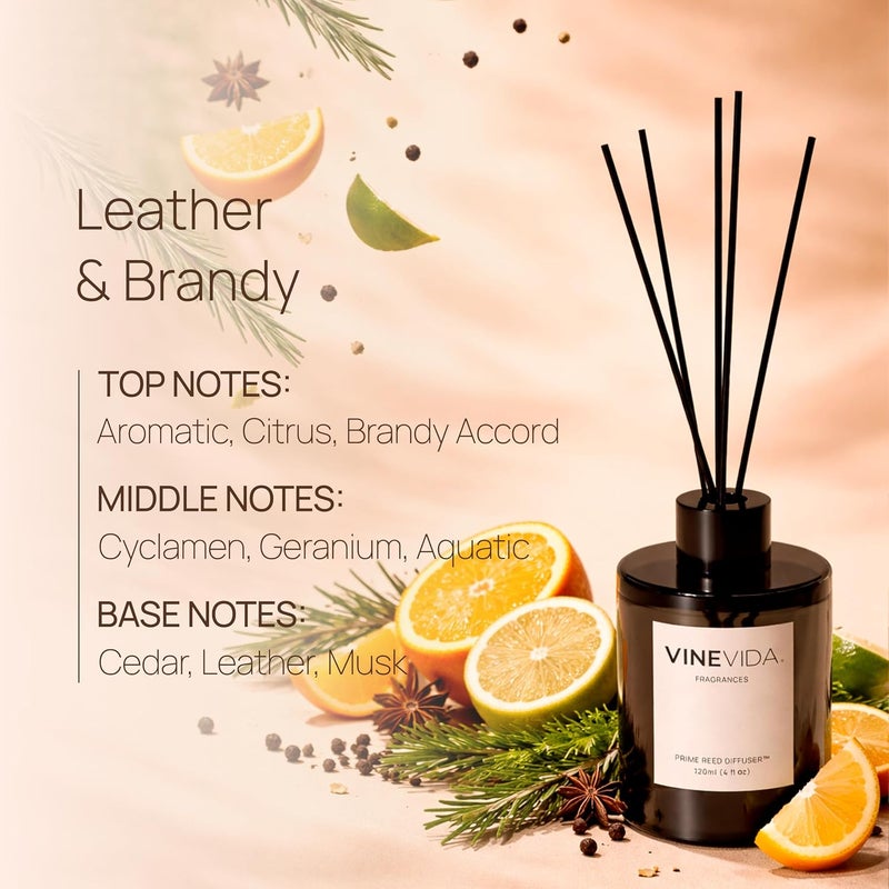 VINEVIDA | Leather & Brandy | Reed Diffuser for Home & Bathroom | Long-Lasting Scent Sticks Set | Oil Stick Diffuser | Bathroom Scent - Image 2