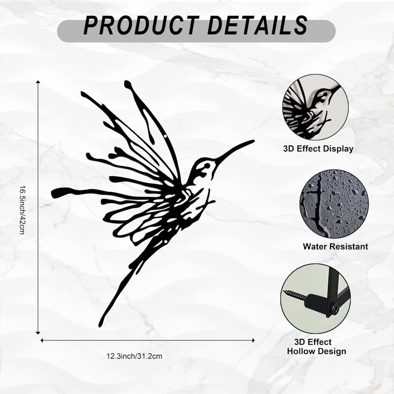 LIYAOLI 3D Metal Hummingbird Wall Art - Unique Black Outdoor Garden Decor, Waterproof Bird Sculpture for Patio, Living Room, Bedroom & Bathroom - Image 3