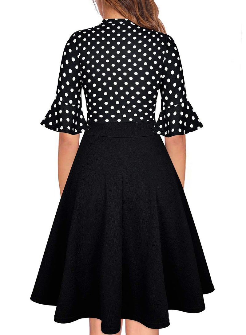RANPHEE A Line Dresses for Women 2025 Vintage Polka Dot Tea Party Church Business Casual Office Wear to Work Professional Trendy Outfits Curvy Ladies Patchwork Retro Conservative Teacher Interview Frocks S - Image 2