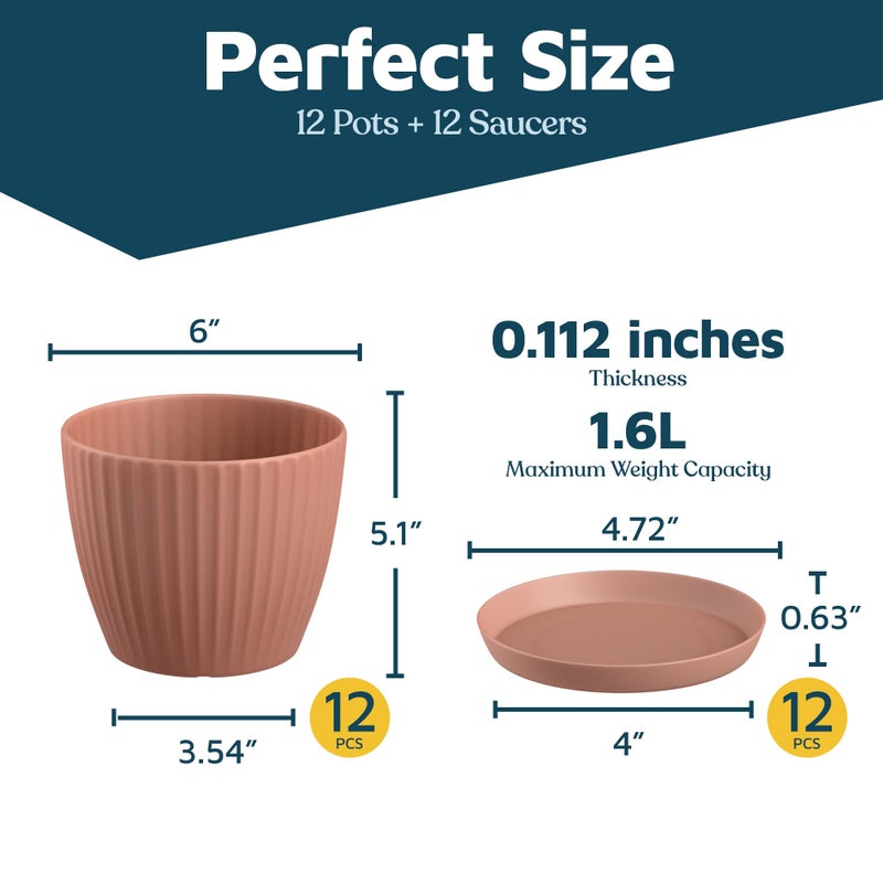 LifeMaster Pink 6-Inch Plant Pots with Drainage & Saucers 12 Pack, Indoor & Outdoor Planters for Houseplants, Herbs, and Flowers, Durable & Weatherproof Material, Stackable, Lightweight, Minimalist Design - Image 2