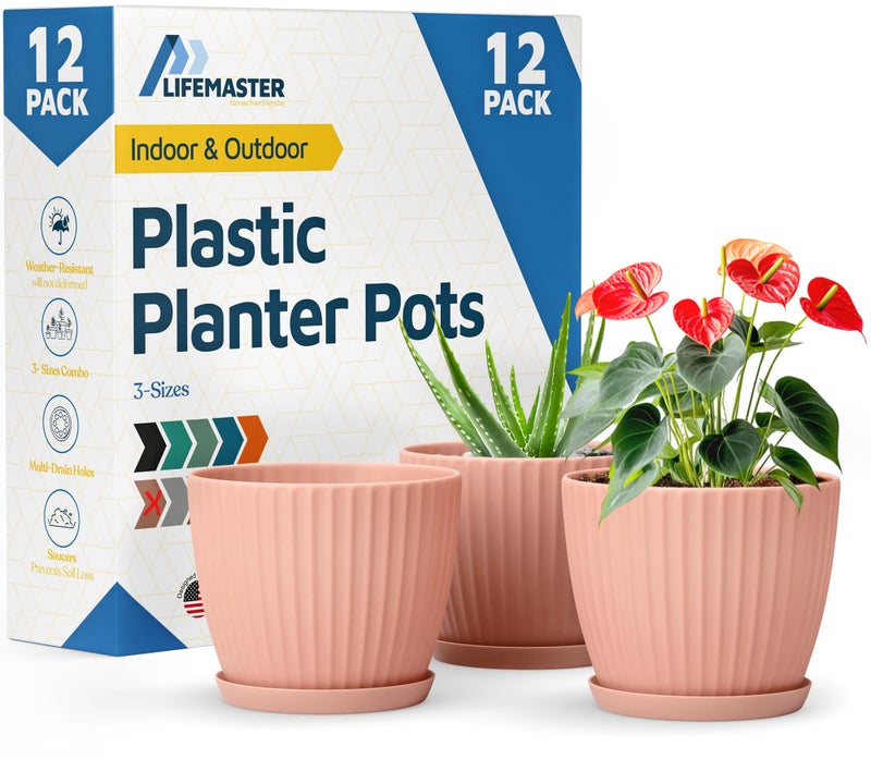 LifeMaster Pink 6-Inch Plant Pots with Drainage & Saucers 12 Pack, Indoor & Outdoor Planters for Houseplants, Herbs, and Flowers, Durable & Weatherproof Material, Stackable, Lightweight, Minimalist Design - Image 1