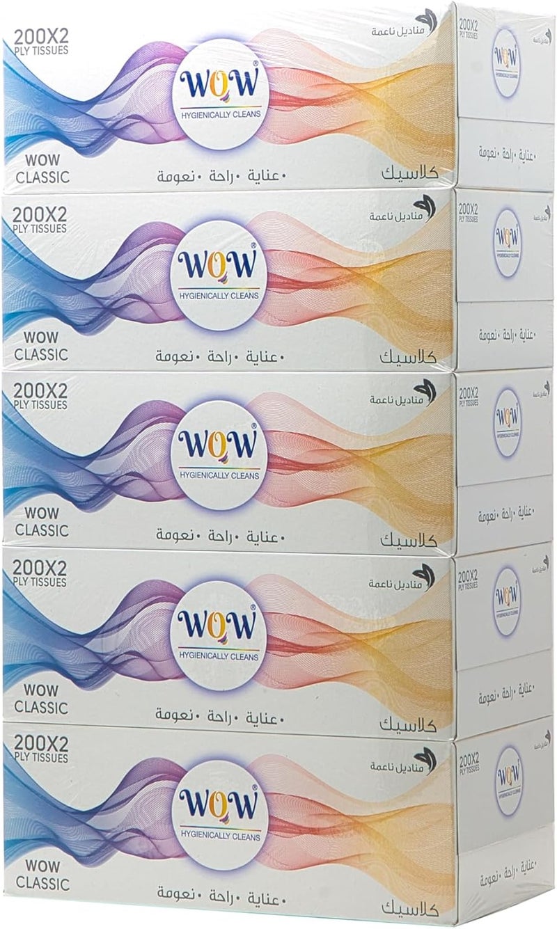 WOW Classic 200 x 2 Ply Facial Tissues - 5-Box