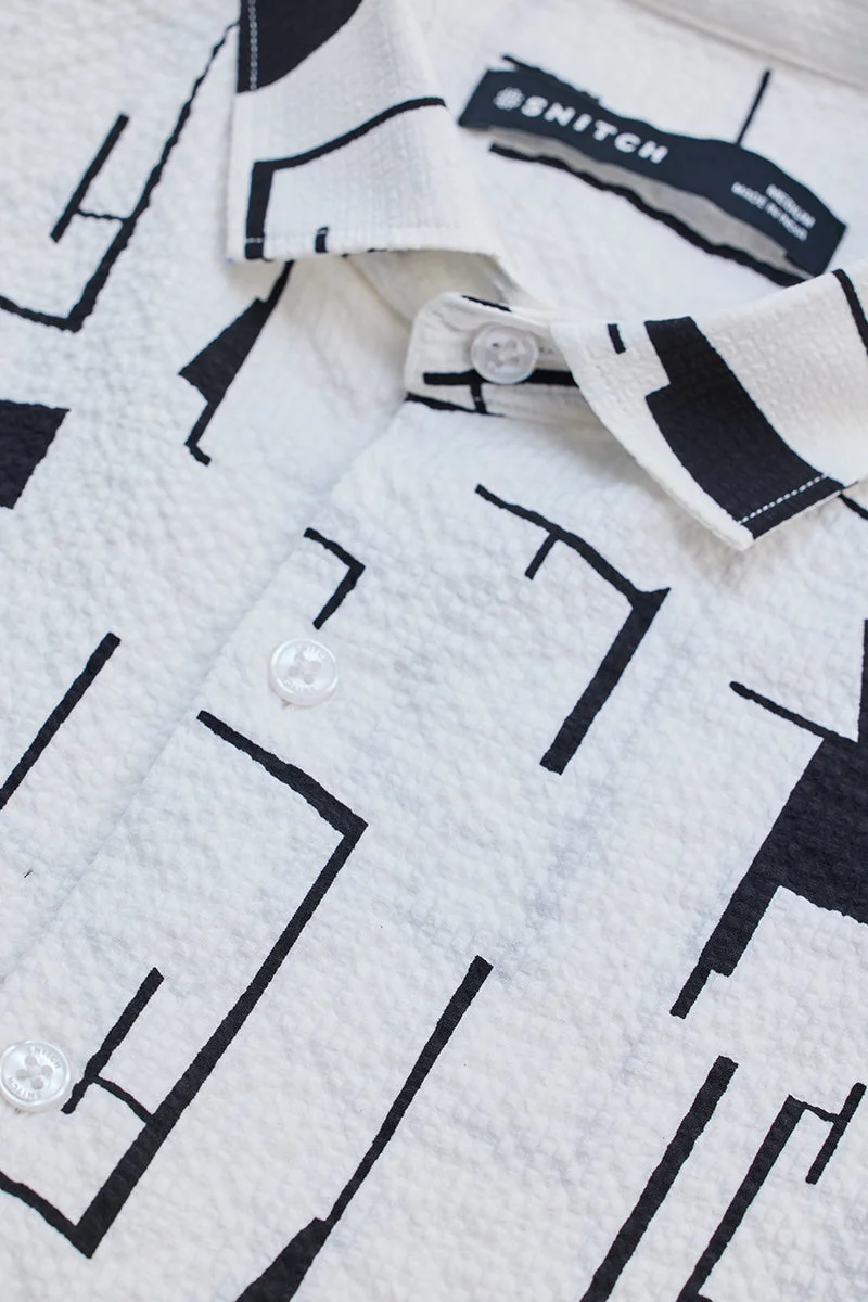 سنيتش White Abstract Long Sleeve Slim Fit Casual Shirt