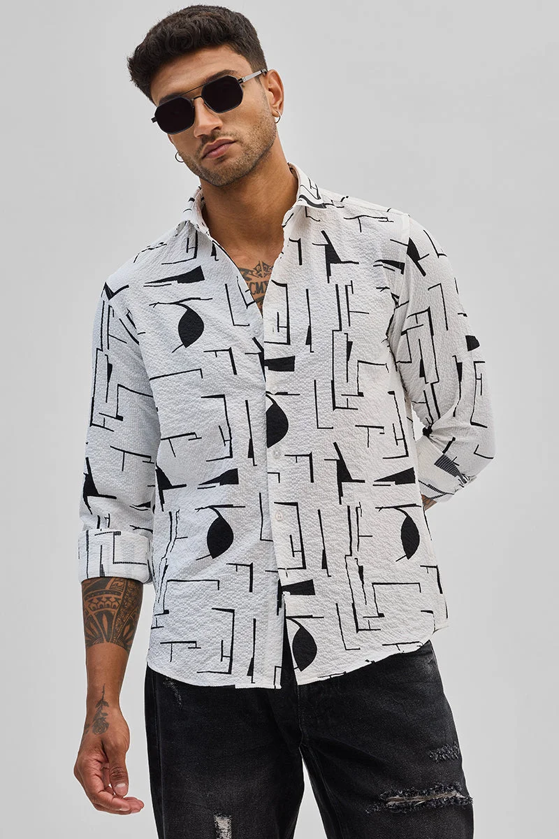 سنيتش White Abstract Long Sleeve Slim Fit Casual Shirt