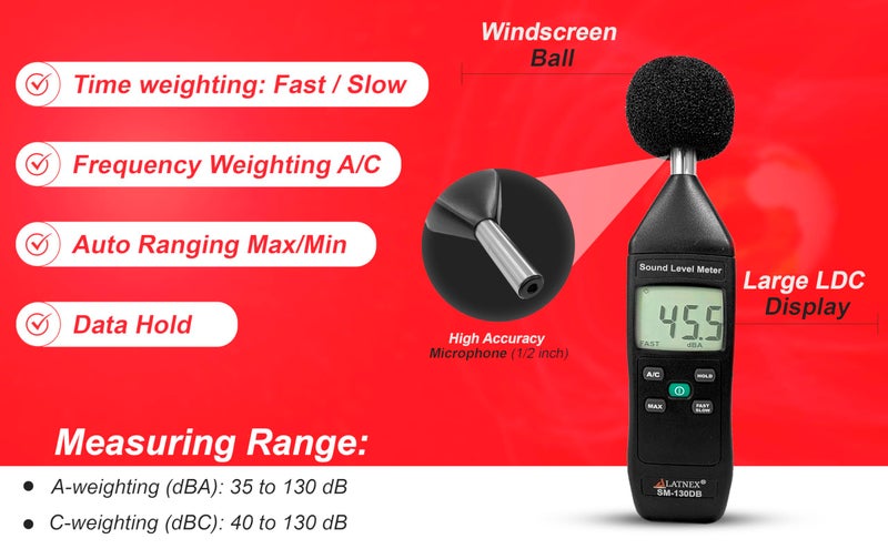 LATNEX SM-130DB Digital Decibel Meter Reader and Sound Level Meter Type 2 with Calibration Certificate. Measurement Device for Environmental and Mechanical Noise Monitor - Manufacturing, Office, Classroom - Image 4