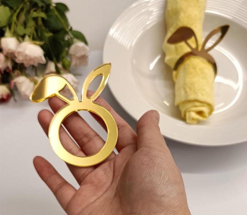 MEYA Set of 12 Easter Bunny Ears Napkin RingsRustic Table Place Serving DecorationEaster Napkin Rings for Festival Holiday Dinner Decorations Gold Mirror - Image 4