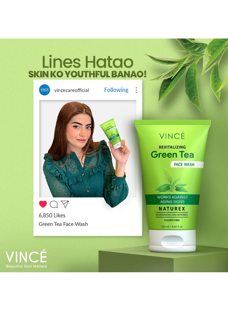 VINCE Green Tea Face Wash – Antioxidant-Rich, Deep Cleanses & Fights Signs of Aging – Reduces Oil & Acne, Brightens Skin, and Enhances Firmness for a Youthful Glow – 120ml - Image 2