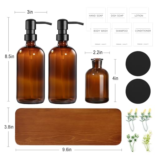Kasunting Kitchen Soap Dispenser Set with Wood Riser Tray, Amber Glass Soap Dispenser with Stainless Steel Pump, Hand and Dish Soap Dispenser Set for Kitchen, Soap and Lotion Dispenser Bathroom Decor(Amber) - Image 2