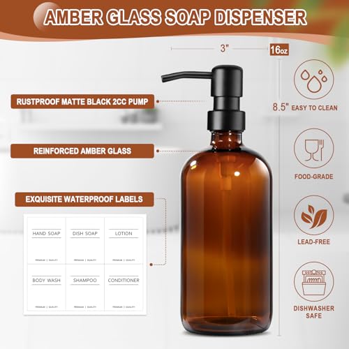 Kasunting Kitchen Soap Dispenser Set with Wood Riser Tray, Amber Glass Soap Dispenser with Stainless Steel Pump, Hand and Dish Soap Dispenser Set for Kitchen, Soap and Lotion Dispenser Bathroom Decor(Amber) - Image 3