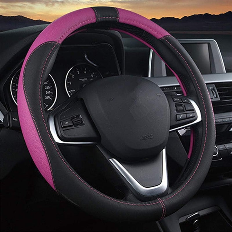 Coofig Durable PU Leather Steering Wheel Cover, Universal 15 Inch, Breathable and Non-Slip Car Steering Wheel Cover, Steering Wheel Cover for Men and Women (Black Purple) - Image 1