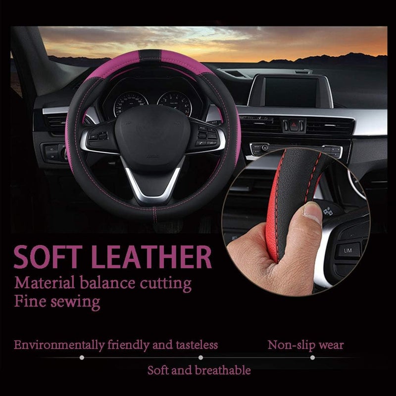 Coofig Durable PU Leather Steering Wheel Cover, Universal 15 Inch, Breathable and Non-Slip Car Steering Wheel Cover, Steering Wheel Cover for Men and Women (Black Purple) - Image 2