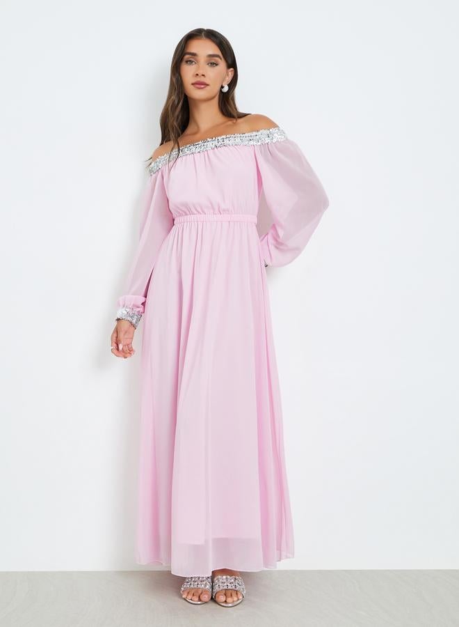 Styli Women Pink Sequined Off-Shoulder Maxi Dress - Image 3