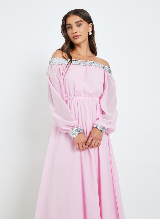 Styli Women Pink Sequined Off-Shoulder Maxi Dress - Image 2