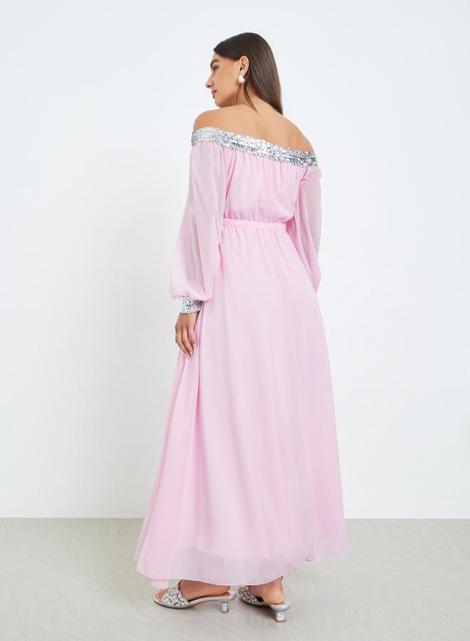 Styli Women Pink Sequined Off-Shoulder Maxi Dress - Image 5
