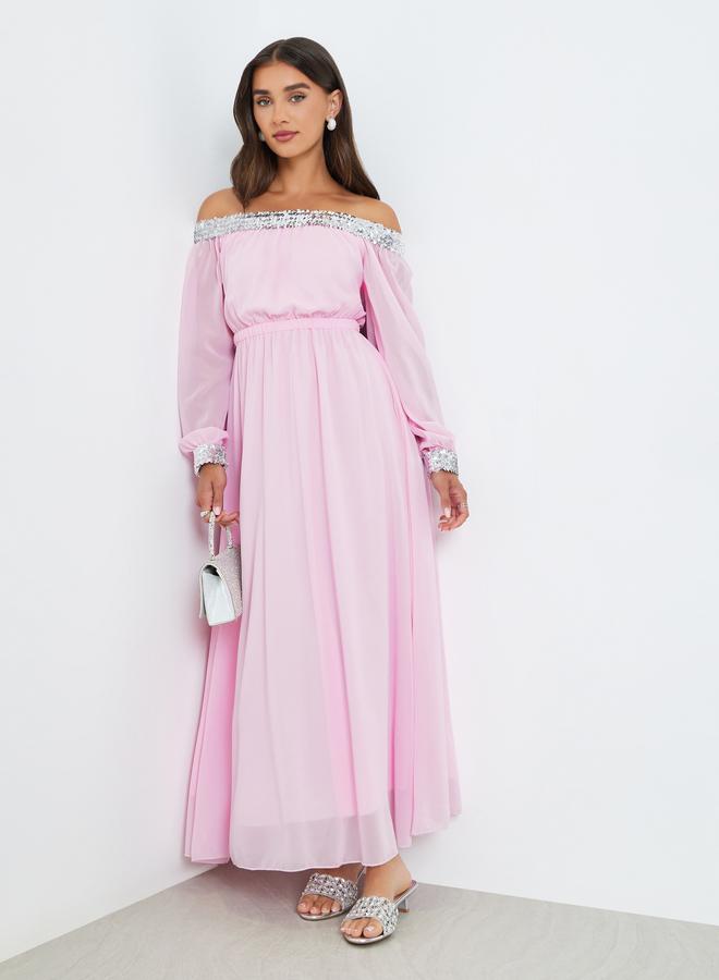 Styli Women Pink Sequined Off-Shoulder Maxi Dress - Image 1