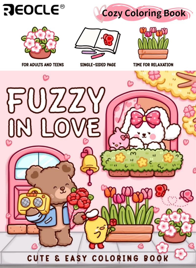 REOCLE Cozy Coloring Book (Fuzzy In Love) Featuring Little Fuzzy Animals in Love Moments & Cozy Activities with Relaxing Chill - Friendly Designs for Stress Relief Mind Relaxation Creative Leisure for Adults Teens - Image 1