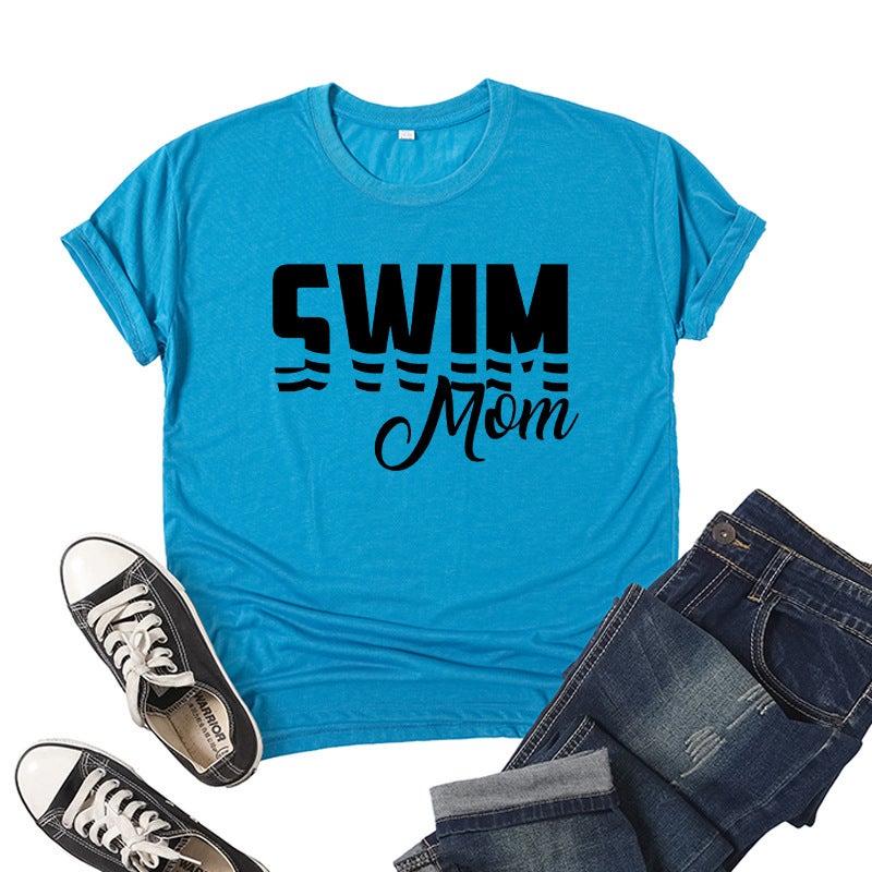Foreign Trade Cross-border Swimming Mom Swim Mom Printed Short-sleeved Round Neck T-shirt European and American Mens and Womens Top Loose Casual hole blue 