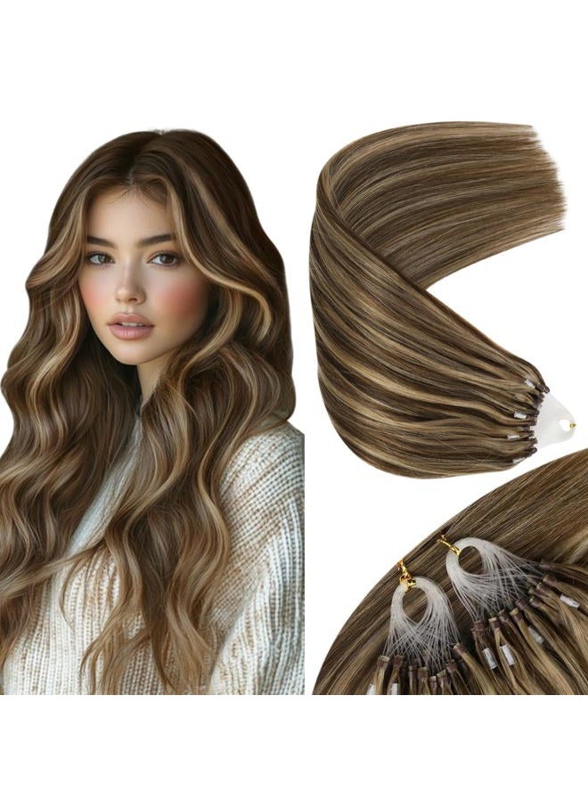 Sunny Hair Micro Link Hair Extensions Human Hair Brown Highlight 22in Micro Loop Hair Extensions Real Human Hair Dark Brown Highlight Caramel Blonde Micro Bead Hair Extension Real Human Hair Long 50G  - Image 1