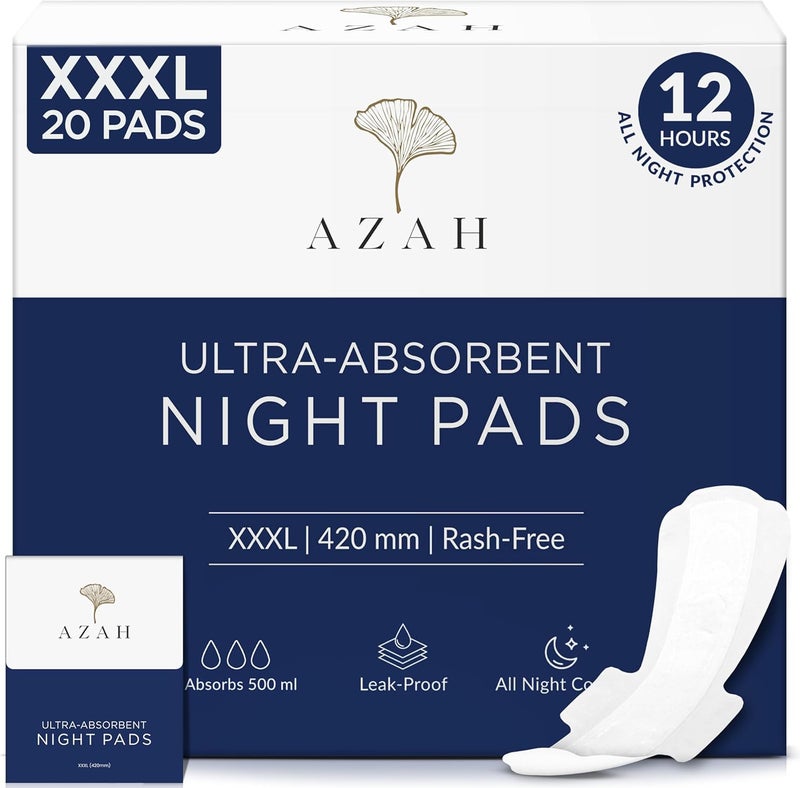 عزة فوط نسائية حجم XXXL من أزاه (علبة تحتوي على 20 فوطة مع أكياس قابلة للتخلص) فوط للتدفق الشديد | فوط بامتصاص 500 مل | فوط صحية عضوية مضادة للتسرب بنسبة 100% للنساء حجم XXXL | فوط صحية قابلة للتحلل الحيوي - Image 1
