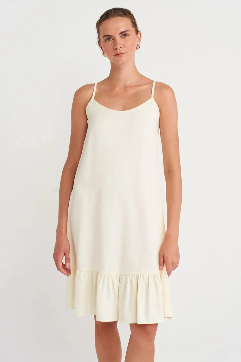 Dilvin Cream Natural DILVIN Sleeveless Midi Slip Dress With Frill Detail for Women | Best Price UAE